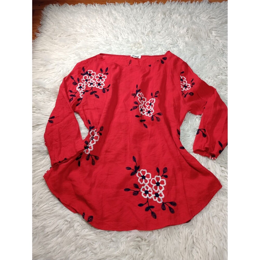 Kindred Womens L Top Red Embroidered Floral Tunic Blouse 3/4 Sleeve Boho Peasant